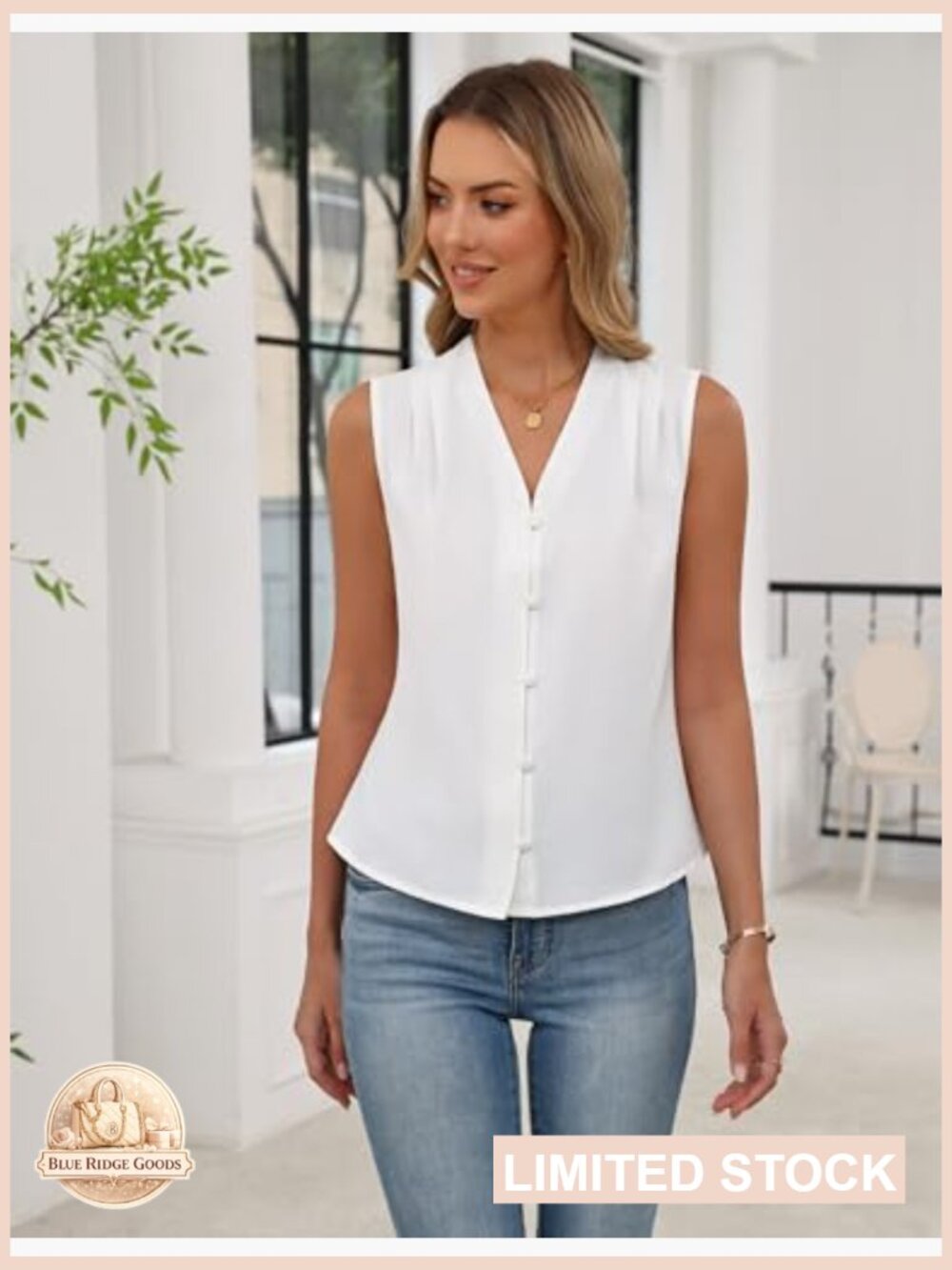 Button Down Tank Top Pleated V Neck Sleeveless Blouse Business Casual Work Top - Picture 6 of 7